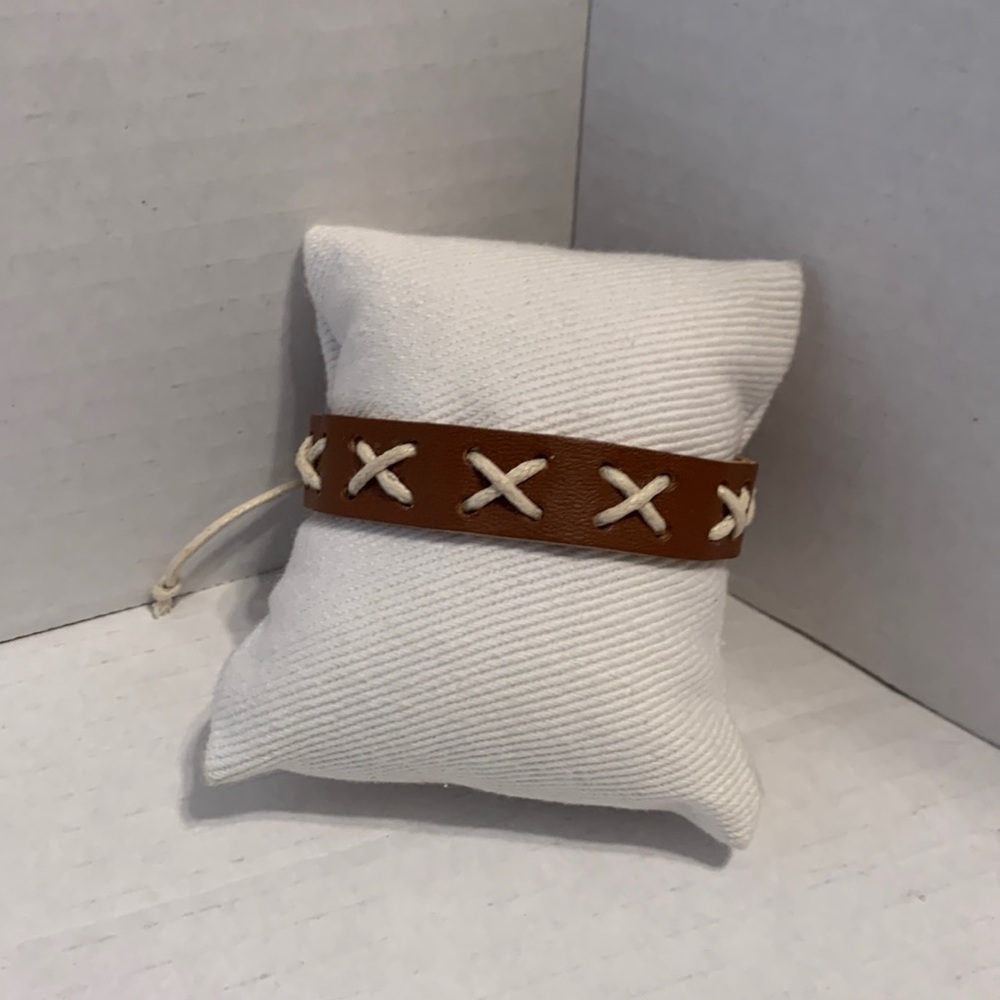Light Brown Leather Bracelet with Threaded White Crosses